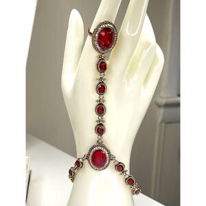 NEW Hand Bracelet Ring Anklet Red Glass Rhinestone Slave Bracelet Jewelry JU17
